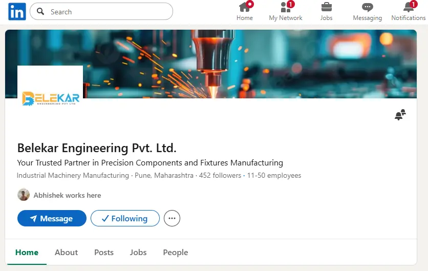 Belekar Engineering’s official page liked by TechSpirion, showcasing CNC manufacturing and precision engineering content.